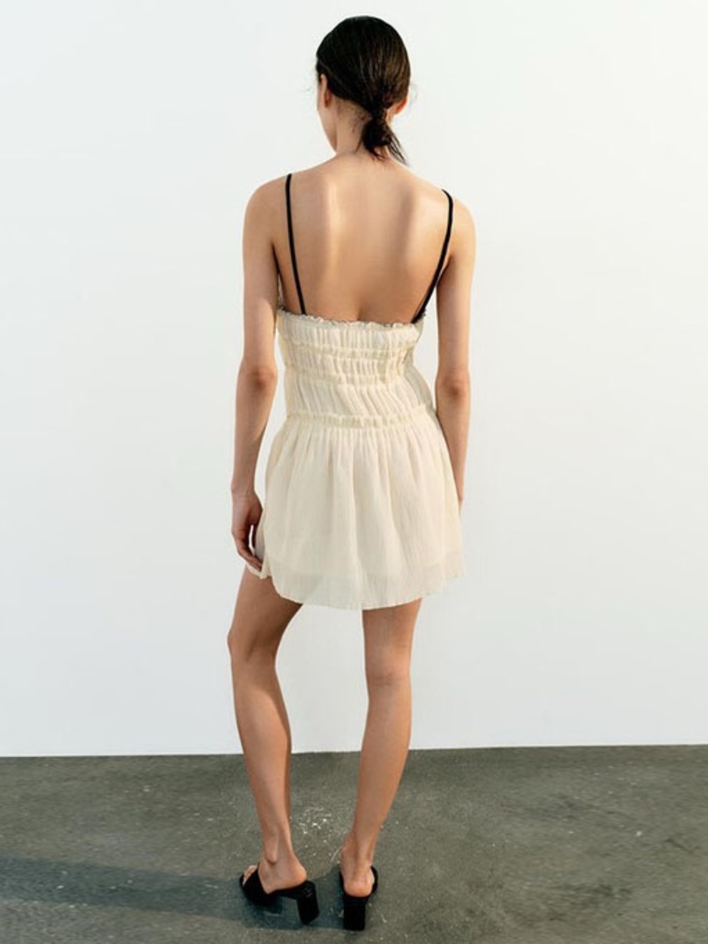 Zara NWT Romantic Coquette Ruched Babydoll Bow Spaghetti Strap Mini Dress (XS) - Picture 5 of 7
